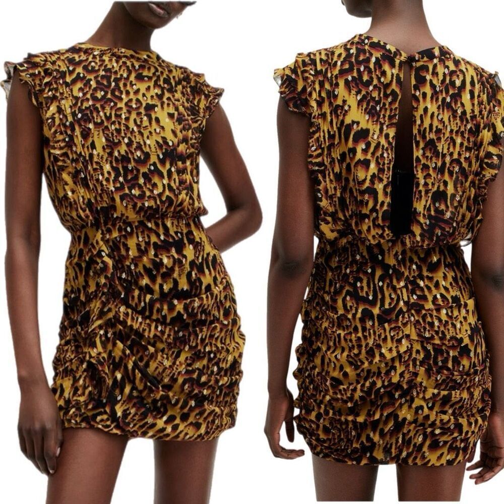 NWT AllSaints Hali Pleated Mustard with Leopard spots cap sleeve dress Size 8